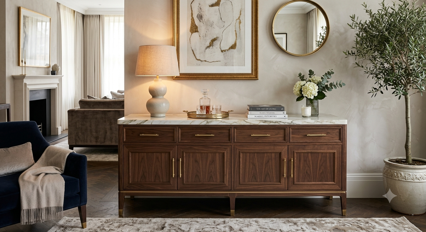 Marble Top Console Table WITH STORAGE WALNUT BROWN