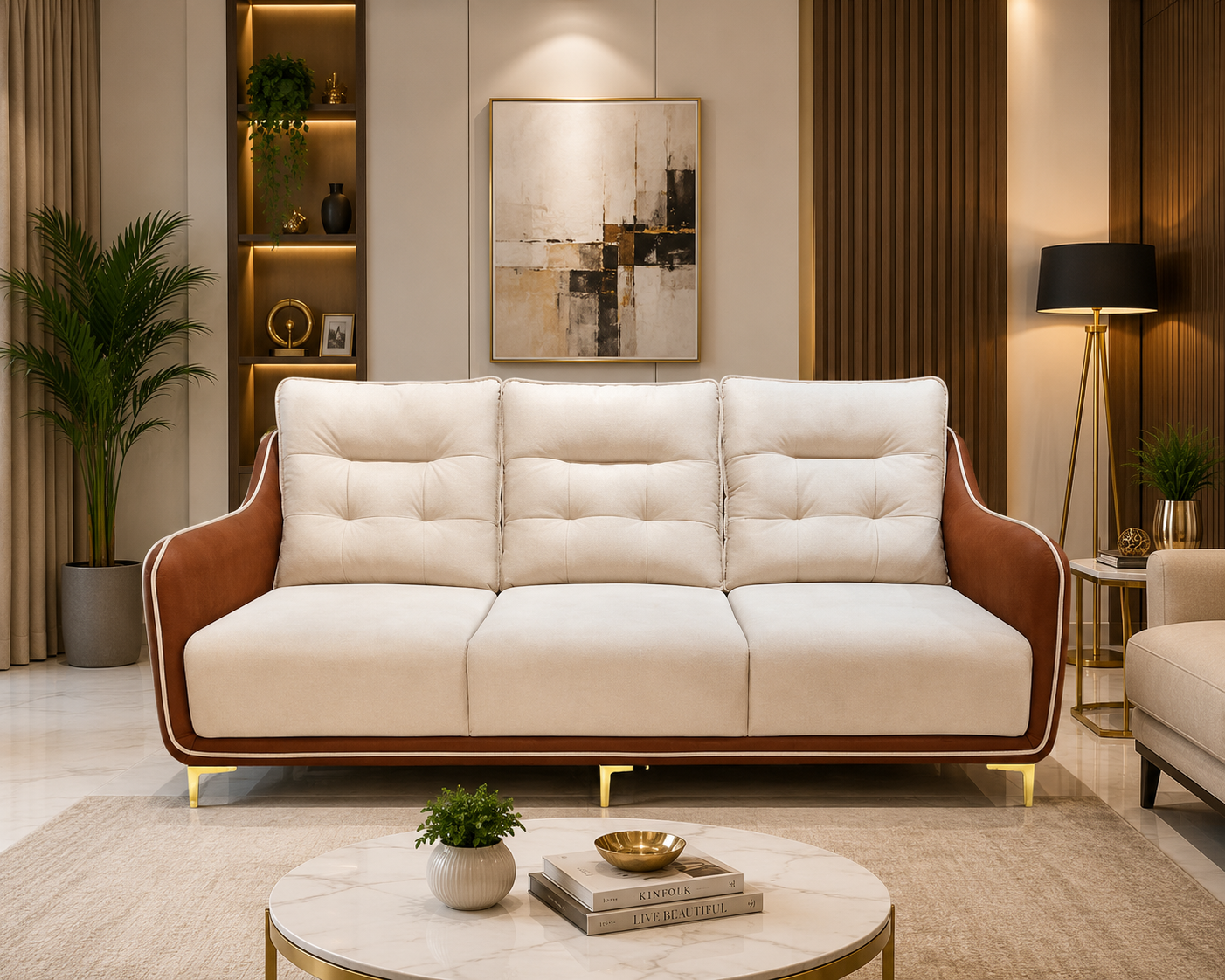 MERUM & CREAM COMINATION 3 SEATER SOFA