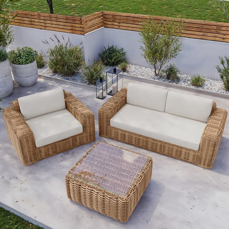 NATURAL WOOD WICKER 3+2 SOFA SET WHITE CUSHIONS WITH CENTER TABLE