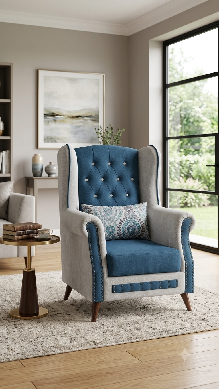 OFF WHITE & BLUE WITH DESINGER PILLOW FABRIC CHESTERFIELD WING CHAIR
