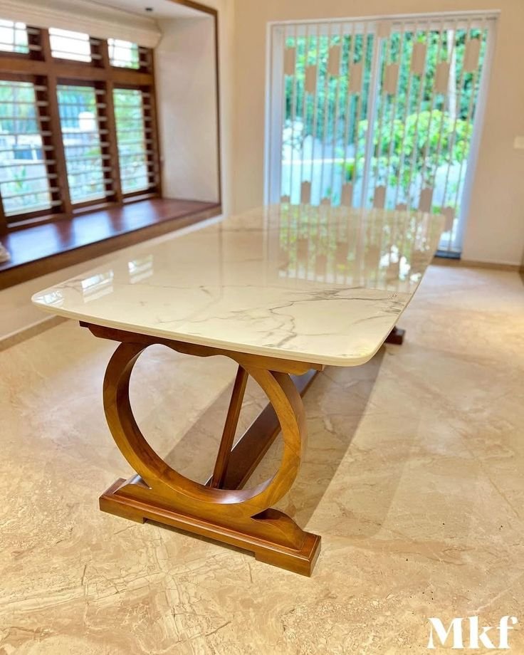 SOLID TEAK BASE WITH MARBLE TOP 8 SEATER DINING TABLE