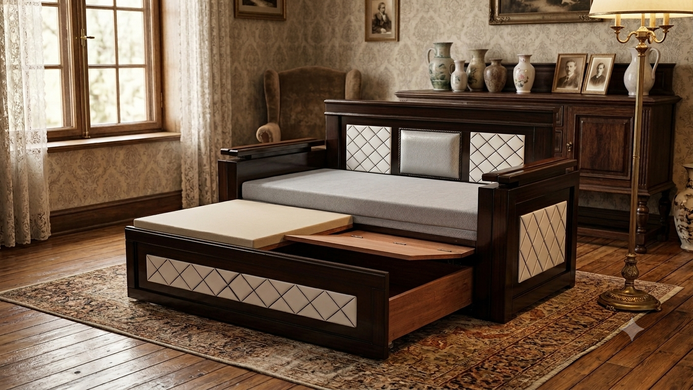 TEAK PLYWOOD DIVAN CUM BED WITH STORAGE WHITE DESIGN WALNUT BLACK POLISH