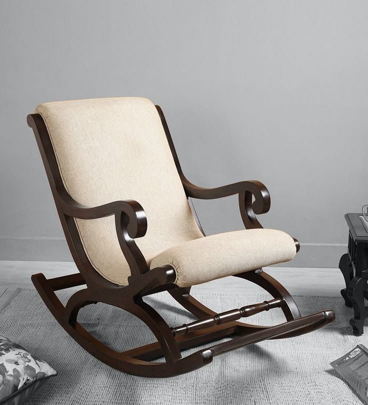 VINTAGE CREAM TEAK WOOD ROCKING CHAIR