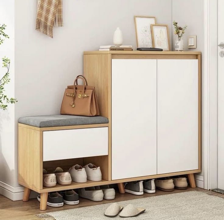 WOODERN 2 DOORS WITH SEATING SHOE CABINETS